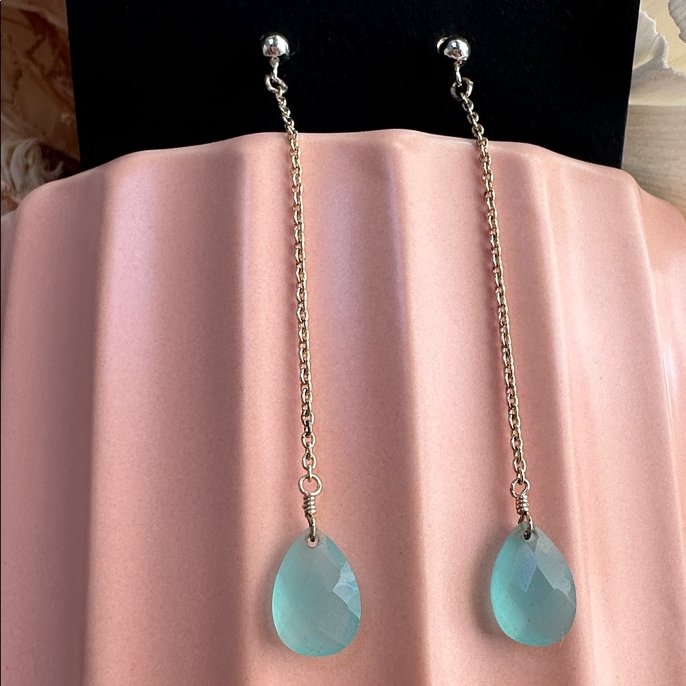 Aqua Chalcedony Teardrop Chain Drop Earrings Faceted Gemstone Sterling Silver